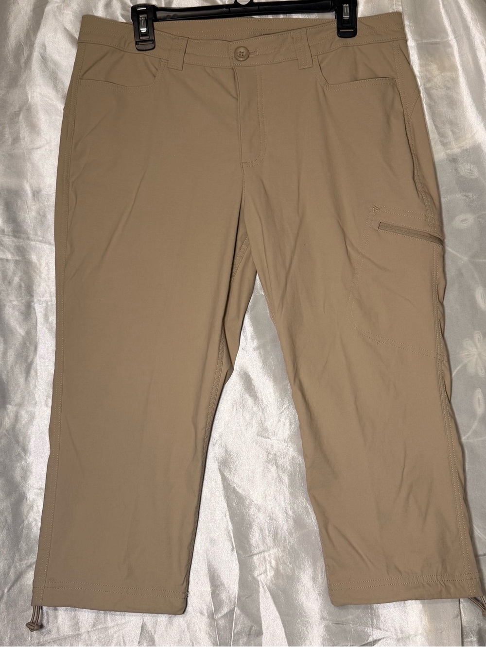 Eddie Bauer Women's Tan Stretch Hiking Capri Pants Bungee Hem Size 14